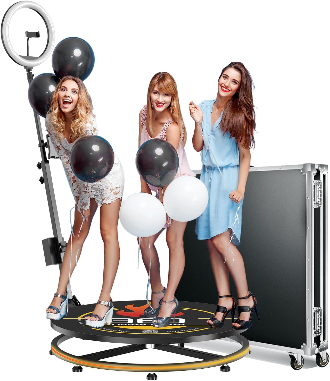 360 Photo Booth with Flight Case, Ring Light, Software APP Remote Control for Parties 2-3 People Stand on Automatic 360 Rotating Camera Video Booth