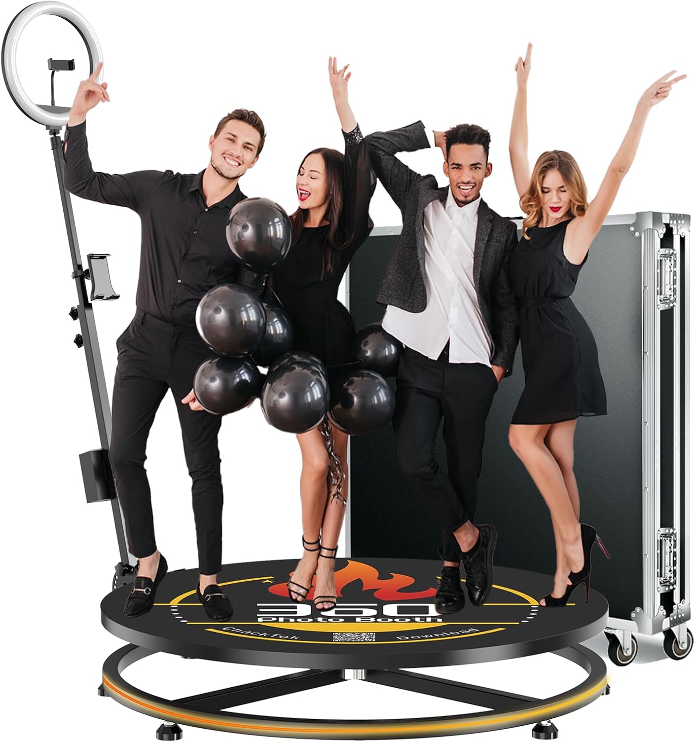 360 Photo Booth with Flight Case, Ring Light, Software APP Remote Control for Parties 2-3 People Stand on Automatic 360 Rotating Camera Video Booth