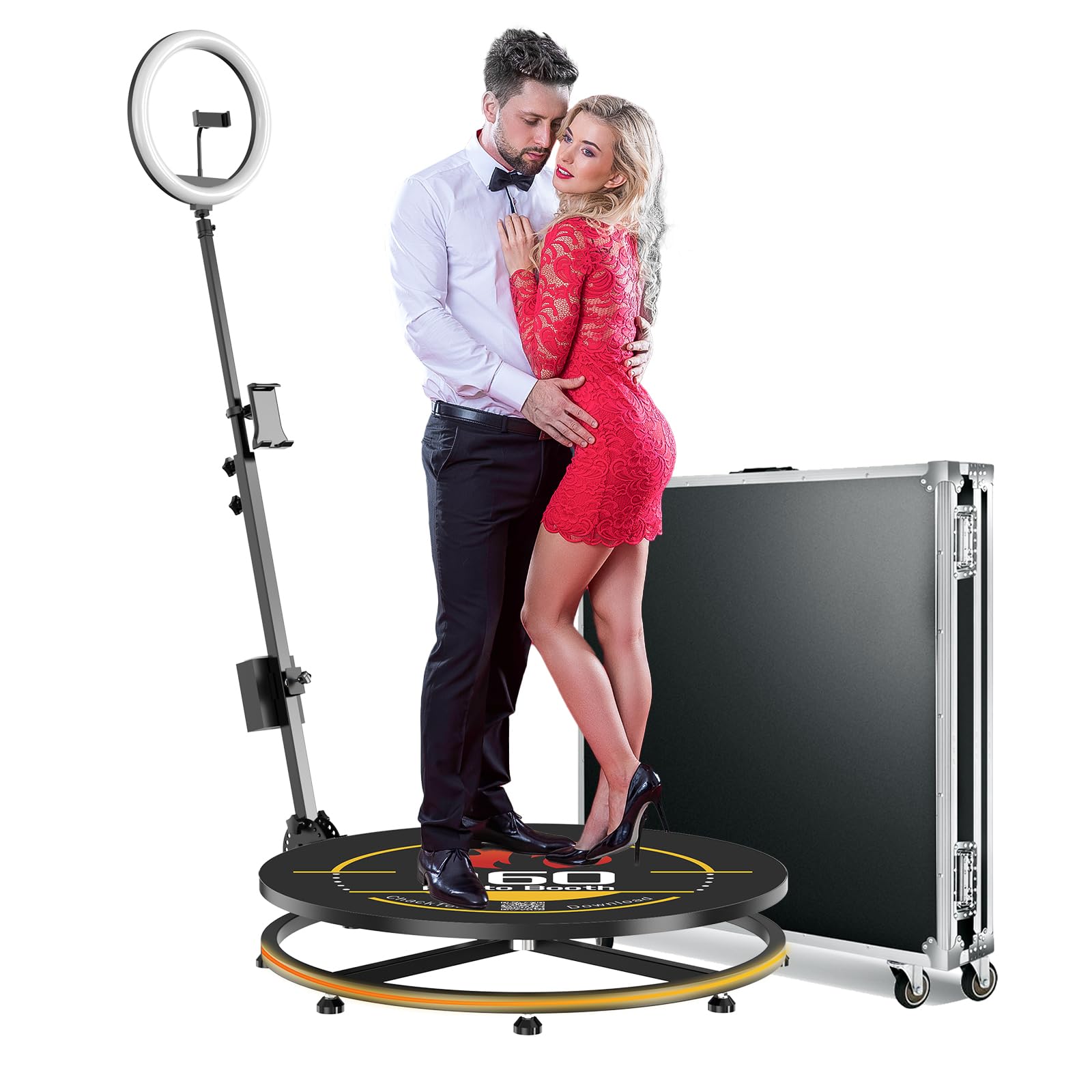 360 Photo Booth with Flight Case, Ring Light, Software APP Remote Control for Parties 2-3 People Stand on Automatic 360 Rotating Camera Video Booth