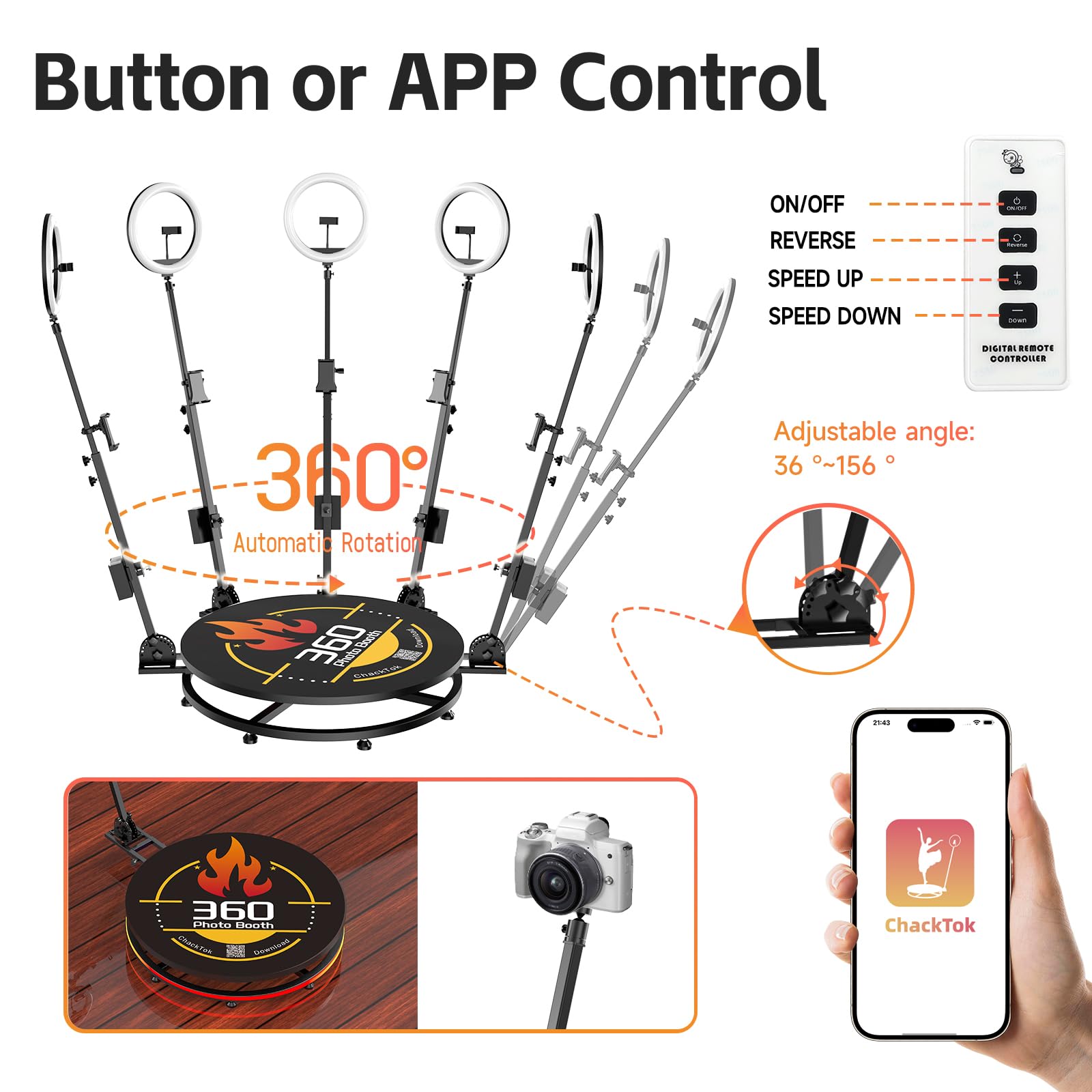 360 Photo Booth with Flight Case, Ring Light, Software APP Remote Control for Parties 2-3 People Stand on Automatic 360 Rotating Camera Video Booth